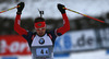 Anton Shipulin of Russia celebrates victory of his relay when crossing finish line of the Men relay race of IBU Biathlon World Cup in Hochfilzen, Austria. Men relay race of IBU Biathlon World cup was held on Saturday, 13th of December 2014 in Hochfilzen, Austria.
