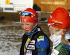 Kaisa Makarainen of Finland (L) and Mari Laukkanen of Finland (R) during warming up and zeroing before start of the Women pursuit race of IBU Biathlon World Cup in Hochfilzen, Austria. Women pursuit race of IBU Biathlon World cup was held on Sunday, 14th of December 2014 in Hochfilzen, Austria.
