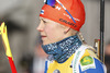 Kaisa Makarainen of Finland during warming up and zeroing before start of the Women pursuit race of IBU Biathlon World Cup in Hochfilzen, Austria. Women pursuit race of IBU Biathlon World cup was held on Sunday, 14th of December 2014 in Hochfilzen, Austria.
