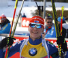 Winner Kaisa Makarainen of Finland celebrates her victory in finish of the Women pursuit race of IBU Biathlon World Cup in Hochfilzen, Austria. Women pursuit race of IBU Biathlon World cup was held on Sunday, 14th of December 2014 in Hochfilzen, Austria.
