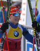 Winner Kaisa Makarainen of Finland celebrates her victory in finish of the Women pursuit race of IBU Biathlon World Cup in Hochfilzen, Austria. Women pursuit race of IBU Biathlon World cup was held on Sunday, 14th of December 2014 in Hochfilzen, Austria.
