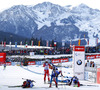 Biathletes resting exhausted in snow of the finish area after the Women pursuit race of IBU Biathlon World Cup in Hochfilzen, Austria. Women pursuit race of IBU Biathlon World cup was held on Sunday, 14th of December 2014 in Hochfilzen, Austria.
