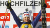 Winner Kaisa Makarainen of Finland celebrate her medal won in Women pursuit race of IBU Biathlon World Cup in Hochfilzen, Austria. Women pursuit race of IBU Biathlon World cup was held on Sunday, 14th of December 2014 in Hochfilzen, Austria.
