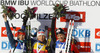 Winner Kaisa Makarainen of Finland (M), second placed Ekaterina Glazyrina of Russia (L) and third placed Anais Bescond of France (R) celebrate their medals won in Women pursuit race of IBU Biathlon World Cup in Hochfilzen, Austria. Women pursuit race of IBU Biathlon World cup was held on Sunday, 14th of December 2014 in Hochfilzen, Austria.
