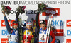 Winner Kaisa Makarainen of Finland (M), second placed Ekaterina Glazyrina of Russia (L) and third placed Anais Bescond of France (R) celebrate their medals won in Women pursuit race of IBU Biathlon World Cup in Hochfilzen, Austria. Women pursuit race of IBU Biathlon World cup was held on Sunday, 14th of December 2014 in Hochfilzen, Austria.
