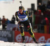 Third placed Anais Bescond of France skiing in the Women pursuit race of IBU Biathlon World Cup in Hochfilzen, Austria. Women pursuit race of IBU Biathlon World cup was held on Sunday, 14th of December 2014 in Hochfilzen, Austria.
