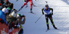 Third placed Anais Bescond of France skiing in the Women pursuit race of IBU Biathlon World Cup in Hochfilzen, Austria. Women pursuit race of IBU Biathlon World cup was held on Sunday, 14th of December 2014 in Hochfilzen, Austria.
