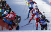 Third placed Anais Bescond of France skiing in the Women pursuit race of IBU Biathlon World Cup in Hochfilzen, Austria. Women pursuit race of IBU Biathlon World cup was held on Sunday, 14th of December 2014 in Hochfilzen, Austria.
