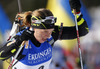 Third placed Anais Bescond of France skiing in the Women pursuit race of IBU Biathlon World Cup in Hochfilzen, Austria. Women pursuit race of IBU Biathlon World cup was held on Sunday, 14th of December 2014 in Hochfilzen, Austria.
