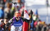 Mari Laukkanen of Finland skiing in the Women pursuit race of IBU Biathlon World Cup in Hochfilzen, Austria. Women pursuit race of IBU Biathlon World cup was held on Sunday, 14th of December 2014 in Hochfilzen, Austria.
