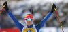 Winner Kaisa Makarainen of Finland celebrating her victory when crossing finish line of the Women pursuit race of IBU Biathlon World Cup in Hochfilzen, Austria. Women pursuit race of IBU Biathlon World cup was held on Sunday, 14th of December 2014 in Hochfilzen, Austria.
