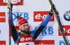 Third placed Jakov Fak of Slovenia celebrates his medal won in the Men pursuit race of IBU Biathlon World Cup in Hochfilzen, Austria. Men pursuit race of IBU Biathlon World cup was held on Sunday, 14th of December 2014 in Hochfilzen, Austria.
