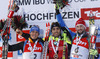 Winner Martin Fourcade of France (M), second placed Simon Schempp of Germany (L) and third placed Jakov Fak of Slovenia (R) celebrate their medals won in the Men pursuit race of IBU Biathlon World Cup in Hochfilzen, Austria. Men pursuit race of IBU Biathlon World cup was held on Sunday, 14th of December 2014 in Hochfilzen, Austria.
