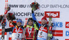 Winner Martin Fourcade of France (M), second placed Simon Schempp of Germany (L) and third placed Jakov Fak of Slovenia (R) celebrate their medals won in the Men pursuit race of IBU Biathlon World Cup in Hochfilzen, Austria. Men pursuit race of IBU Biathlon World cup was held on Sunday, 14th of December 2014 in Hochfilzen, Austria.
