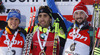 Winner Martin Fourcade of France (M), second placed Simon Schempp of Germany (L) and third placed Jakov Fak of Slovenia (R) celebrate their medals won in the Men pursuit race of IBU Biathlon World Cup in Hochfilzen, Austria. Men pursuit race of IBU Biathlon World cup was held on Sunday, 14th of December 2014 in Hochfilzen, Austria.
