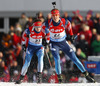 Aleksandr Pechenkin of Russia (R) and Maxim Tsvetkov of Russia (L) skiing during the Men pursuit race of IBU Biathlon World Cup in Hochfilzen, Austria. Men pursuit race of IBU Biathlon World cup was held on Sunday, 14th of December 2014 in Hochfilzen, Austria.
