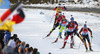 Andreas Birnbacher of Germany leading group with Simon Schempp of Germany (third), Jakov Fak of Slovenia (fourth) and winner Martin Fourcade of France (fifth)  during the Men pursuit race of IBU Biathlon World Cup in Hochfilzen, Austria. Men pursuit race of IBU Biathlon World cup was held on Sunday, 14th of December 2014 in Hochfilzen, Austria.
