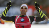 Winner Martin Fourcade of France celebrates his victory crossing the finish line in the Men pursuit race of IBU Biathlon World Cup in Hochfilzen, Austria. Men pursuit race of IBU Biathlon World cup was held on Sunday, 14th of December 2014 in Hochfilzen, Austria.
