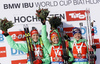 Maren Hammerschmidt of Germany (L), Franziska Hildebrand of Germany (M) and Miriam Goessner of Germany celebrating on the podium in the Women sprint race of IBU Biathlon World Cup in Hochfilzen, Austria. Women sprint race of IBU Biathlon World cup was held on Friday, 11th of December 2015 in Hochfilzen, Austria.
