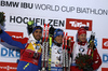 Martin Fourcade of France (L), winner Simon Schempp of Fermany (M) and Terjei Boe of Norway (R) celebrates their medals won in the Men sprint race of IBU Biathlon World Cup in Hochfilzen, Austria. Men sprint race of IBU Biathlon World cup was held on Friday, 11th of December 2015 in Hochfilzen, Austria.
