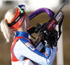 Mari Laukkanen of Finland during zeroing before start of the Women pursuit race of IBU Biathlon World Cup in Hochfilzen, Austria. Women pursuit race of IBU Biathlon World cup was held on Saturday, 12th of December 2015 in Hochfilzen, Austria.

