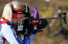 Mari Laukkanen of Finland during zeroing before start of the Women pursuit race of IBU Biathlon World Cup in Hochfilzen, Austria. Women pursuit race of IBU Biathlon World cup was held on Saturday, 12th of December 2015 in Hochfilzen, Austria.
