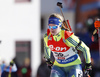 Mona Brorsson of Sweden skiing during the Women pursuit race of IBU Biathlon World Cup in Hochfilzen, Austria. Women pursuit race of IBU Biathlon World cup was held on Saturday, 12th of December 2015 in Hochfilzen, Austria.
