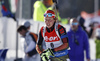 Winner Laura Dahlmeier of Germany arriving to shooting place during the Women pursuit race of IBU Biathlon World Cup in Hochfilzen, Austria. Women pursuit race of IBU Biathlon World cup was held on Saturday, 12th of December 2015 in Hochfilzen, Austria.

