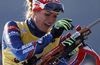 Third placed Gabriela Soukalova of Czech getting ready for shooting during the Women pursuit race of IBU Biathlon World Cup in Hochfilzen, Austria. Women pursuit race of IBU Biathlon World cup was held on Saturday, 12th of December 2015 in Hochfilzen, Austria.
