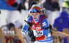 Mari Laukkanen of Finland leaving shooting place during the Women pursuit race of IBU Biathlon World Cup in Hochfilzen, Austria. Women pursuit race of IBU Biathlon World cup was held on Saturday, 12th of December 2015 in Hochfilzen, Austria.
