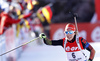 Winner Laura Dahlmeier of Germany coming to finish and celebrating her victory during the Women pursuit race of IBU Biathlon World Cup in Hochfilzen, Austria. Women pursuit race of IBU Biathlon World cup was held on Saturday, 12th of December 2015 in Hochfilzen, Austria.
