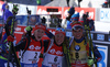 Winner Laura Dahlmeier of Germany (M), second placed Maren Hammerschmidt of Germany (L) and third placed Gabriela Soukalova of Czech (R) celebrate their performance in finish area during the Women pursuit race of IBU Biathlon World Cup in Hochfilzen, Austria. Women pursuit race of IBU Biathlon World cup was held on Saturday, 12th of December 2015 in Hochfilzen, Austria.
