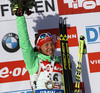 Laura Dahlmeier of Germany celebrates her medal won in the Women pursuit race of IBU Biathlon World Cup in Hochfilzen, Austria. Women pursuit race of IBU Biathlon World cup was held on Saturday, 12th of December 2015 in Hochfilzen, Austria.
