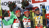 Maren Hammerschmidt of Germany (L), winner Laura Dahlmeier of Germany (M) and Gabriela Soukalova of Czechcelebrate are celebrating their medals won in the Women pursuit race of IBU Biathlon World Cup in Hochfilzen, Austria. Women pursuit race of IBU Biathlon World cup was held on Saturday, 12th of December 2015 in Hochfilzen, Austria.
