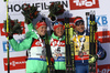 Maren Hammerschmidt of Germany (L), winner Laura Dahlmeier of Germany (M) and Gabriela Soukalova of Czechcelebrate are celebrating their medals won in the Women pursuit race of IBU Biathlon World Cup in Hochfilzen, Austria. Women pursuit race of IBU Biathlon World cup was held on Saturday, 12th of December 2015 in Hochfilzen, Austria.
