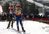 Gabriela Soukalova of Czech and Franziska Hildebrand of Germany skiing during the Women pursuit race of IBU Biathlon World Cup in Hochfilzen, Austria. Women pursuit race of IBU Biathlon World cup was held on Saturday, 12th of December 2015 in Hochfilzen, Austria.
