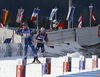 Lucie Charvatova of Czech (L) and Federica Sanfilippo of Italy (L) arriving to shooting range in the Women relay race of IBU Biathlon World Cup in Hochfilzen, Austria. Women relay race of IBU Biathlon World cup was held on Sunday, 13th of December 2015 in Hochfilzen, Austria.
