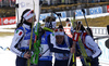 Italian team with Lisa Vittozzi, Karin Oberhofer, Federica Sanfilippo and Dorothea Wierer celebrating their victory in the Women relay race of IBU Biathlon World Cup in Hochfilzen, Austria. Women relay race of IBU Biathlon World cup was held on Sunday, 13th of December 2015 in Hochfilzen, Austria.
