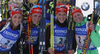 Germany team with Franziska Hildebrand, Maren Hammerschmidt, Vanessa Hinz and Franziska Preuss celebrating their second place in the Women relay race of IBU Biathlon World Cup in Hochfilzen, Austria. Women relay race of IBU Biathlon World cup was held on Sunday, 13th of December 2015 in Hochfilzen, Austria.
