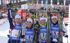 Italian team with Lisa Vittozzi, Karin Oberhofer, Federica Sanfilippo and Dorothea Wierer celebrating their victory in the Women relay race of IBU Biathlon World Cup in Hochfilzen, Austria. Women relay race of IBU Biathlon World cup was held on Sunday, 13th of December 2015 in Hochfilzen, Austria.

