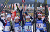 Italian team with Lisa Vittozzi, Karin Oberhofer, Federica Sanfilippo and Dorothea Wierer celebrating their victory in the Women relay race of IBU Biathlon World Cup in Hochfilzen, Austria. Women relay race of IBU Biathlon World cup was held on Sunday, 13th of December 2015 in Hochfilzen, Austria.
