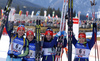 Ukrainian team with Yuliia Dzhima, Olga Abramova, Valj Semerenko and Olena Pidhrushna celebrating their third place in the Women relay race of IBU Biathlon World Cup in Hochfilzen, Austria. Women relay race of IBU Biathlon World cup was held on Sunday, 13th of December 2015 in Hochfilzen, Austria.
