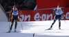 Dorothea Wierer of Italy (R) and Franziska Preuss of Germany (L) sprinting to the finish line in the Women relay race of IBU Biathlon World Cup in Hochfilzen, Austria. Women relay race of IBU Biathlon World cup was held on Sunday, 13th of December 2015 in Hochfilzen, Austria.
