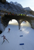 Evgeniy Garanichev of Russia and Johannes Thingnes Boe of Norway skiing in the Men relay race of IBU Biathlon World Cup in Hochfilzen, Austria. Men relay race of IBU Biathlon World cup was held on Sunday, 13th of December 2015 in Hochfilzen, Austria.
