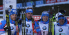 Team of Russia with Alexey Volkov, Evgeniy Garanichev, Dmitry Malyshko and Anton Shipulin celebrating in finish area  during the Men relay race of IBU Biathlon World Cup in Hochfilzen, Austria. Men relay race of IBU Biathlon World cup was held on Sunday, 13th of December 2015 in Hochfilzen, Austria.
