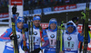 Team of Russia with Alexey Volkov, Evgeniy Garanichev, Dmitry Malyshko and Anton Shipulin celebrating in finish area  during the Men relay race of IBU Biathlon World Cup in Hochfilzen, Austria. Men relay race of IBU Biathlon World cup was held on Sunday, 13th of December 2015 in Hochfilzen, Austria.
