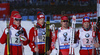 Team Norway with Henrik LAbee-Lund, Johannes Thingnes Boe, Tarjei Boe and Emil Hegle Svendsen celebrate their second place in finish area during the Men relay race of IBU Biathlon World Cup in Hochfilzen, Austria. Men relay race of IBU Biathlon World cup was held on Sunday, 13th of December 2015 in Hochfilzen, Austria.
