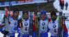 Team France with Simon Fourcade, Quentin Fillon Maillet, Simon Desthieux and Martin Fourcade celebrate their third place in finish area during the Men relay race of IBU Biathlon World Cup in Hochfilzen, Austria. Men relay race of IBU Biathlon World cup was held on Sunday, 13th of December 2015 in Hochfilzen, Austria.
