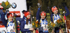 Yuliia Dzhima of Ukraine (L), Olga Abramova of Ukraine, Valj Semerenko of Ukraine, Olena Pidhrushna of Ukraine celebrate their medals won in the Women relay race of IBU Biathlon World Cup in Hochfilzen, Austria. Women relay race of IBU Biathlon World cup was held on Sunday, 13th of December 2015 in Hochfilzen, Austria.
