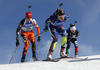 Jana Gerekova of Slovakia (L), Coline Varcin of France and Karin Oberhofer of Italy (R) skiing during the Women relay race of IBU Biathlon World Cup in Hochfilzen, Austria. Women relay race of IBU Biathlon World cup was held on Sunday, 13th of December 2015 in Hochfilzen, Austria.
